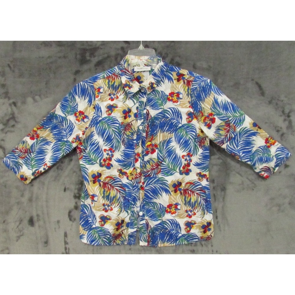 Breckenridge Women's L Tropical Floral Leaf Button Down Shirt Top Blouse White
